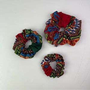 African Print Ankara Handmade Red Multicolor Cotton Scrunchie Hair Tie - Set…